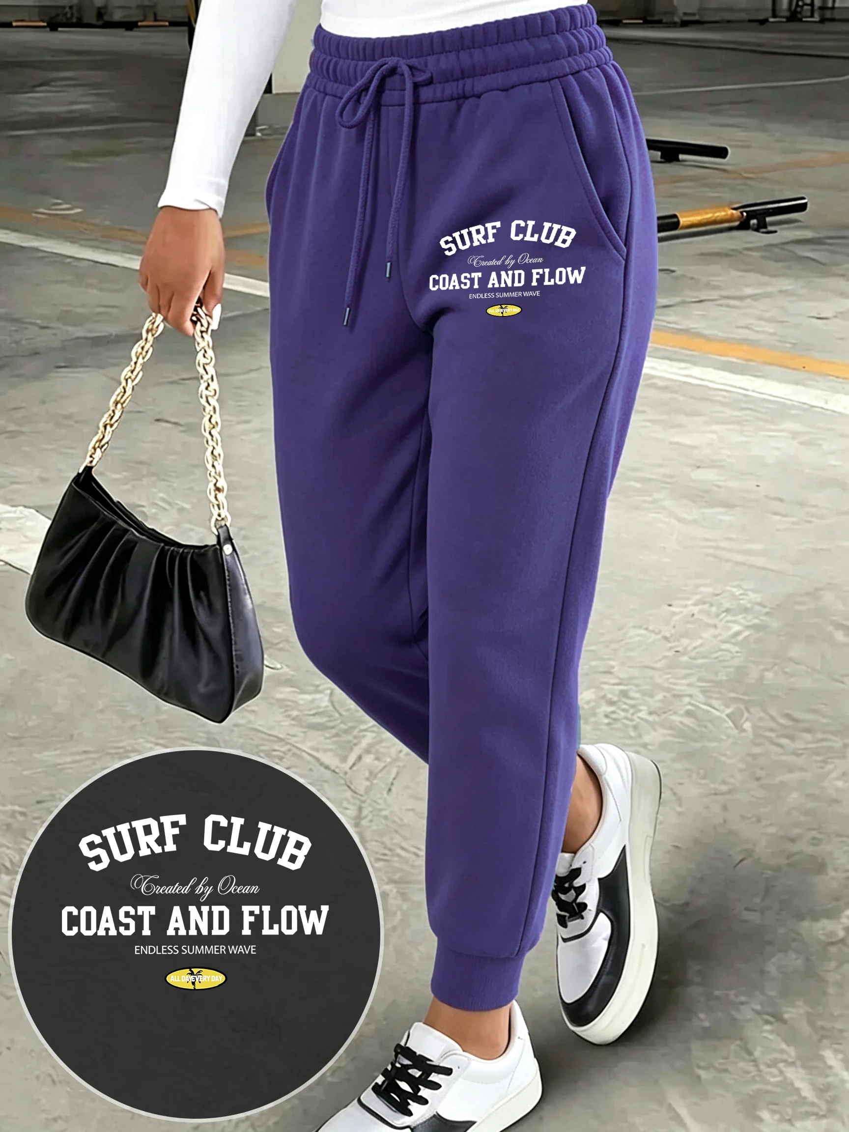 Surf Club Coast And Flow Prints Womens All-Match Sweatpants Autumn Casual Bottoms Versatile Pocket Trousers Fleece Jogging Pants