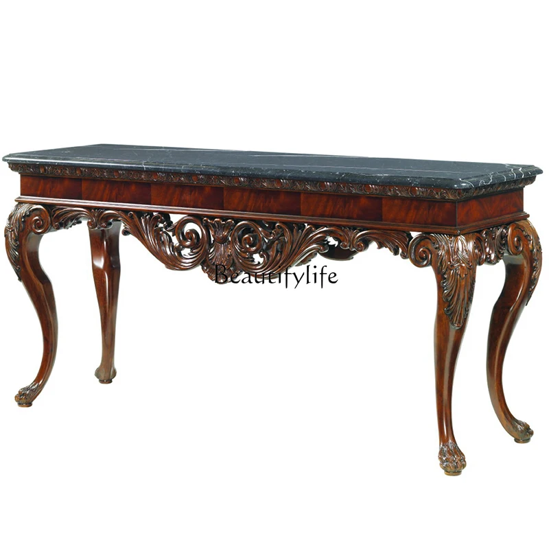 American-Style Antique Solid Wood Console Tables European-Style Carved Acajou Gold Foil Distressed Lobby Table