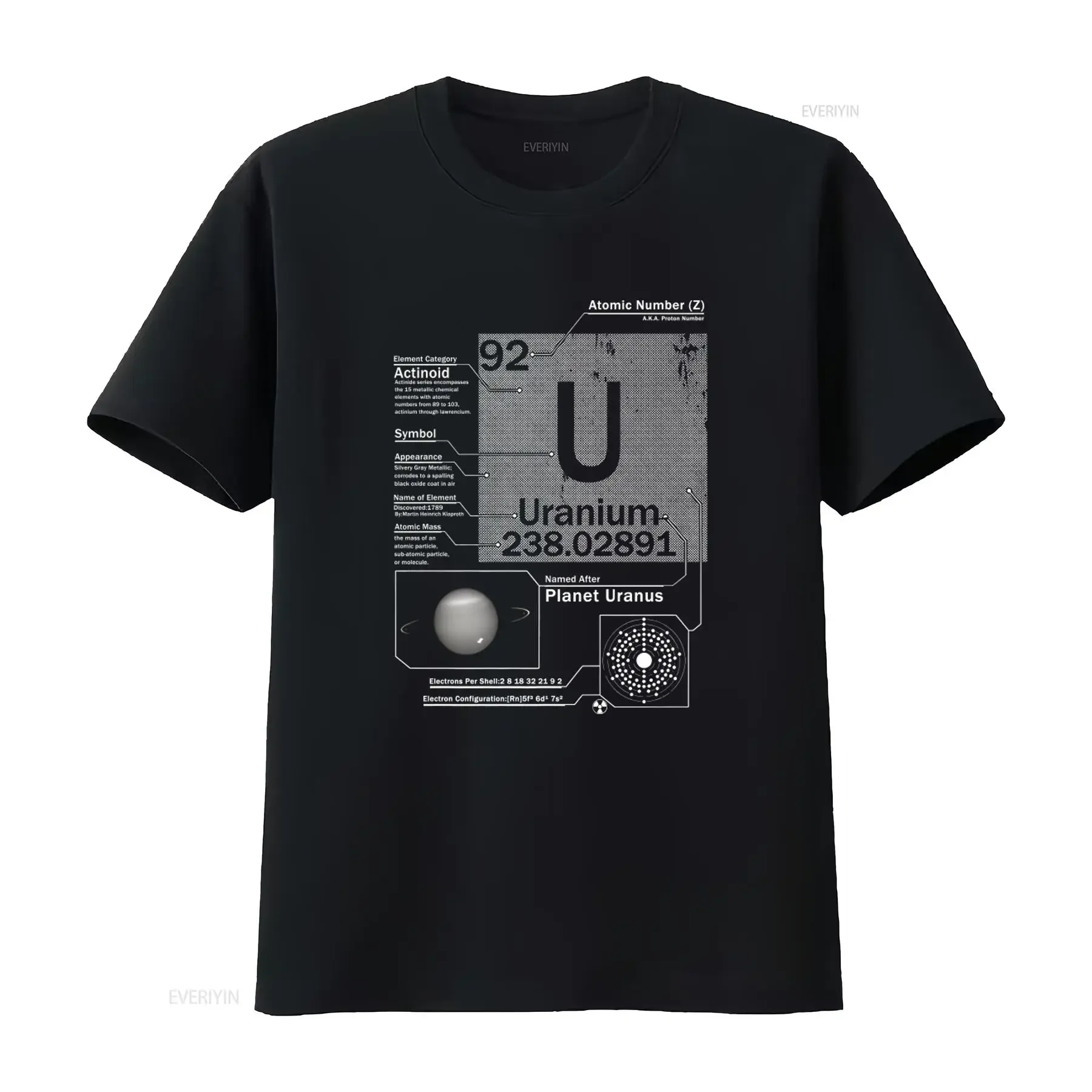 T-shirt pour homme sur le thème de la chimie de l'uranium et de la table périodique, design unique avec détails atomiques, style vintage, effet délavé, doux, respirant et tendance