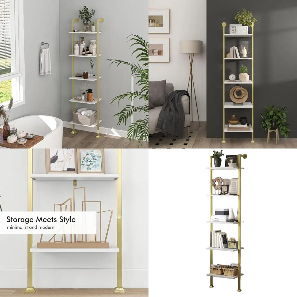 

Modern Tall Narrow 5-Tier Bookshelf, Space-Saving Shelving Unit for Home and Office, Gold & White Open Storage