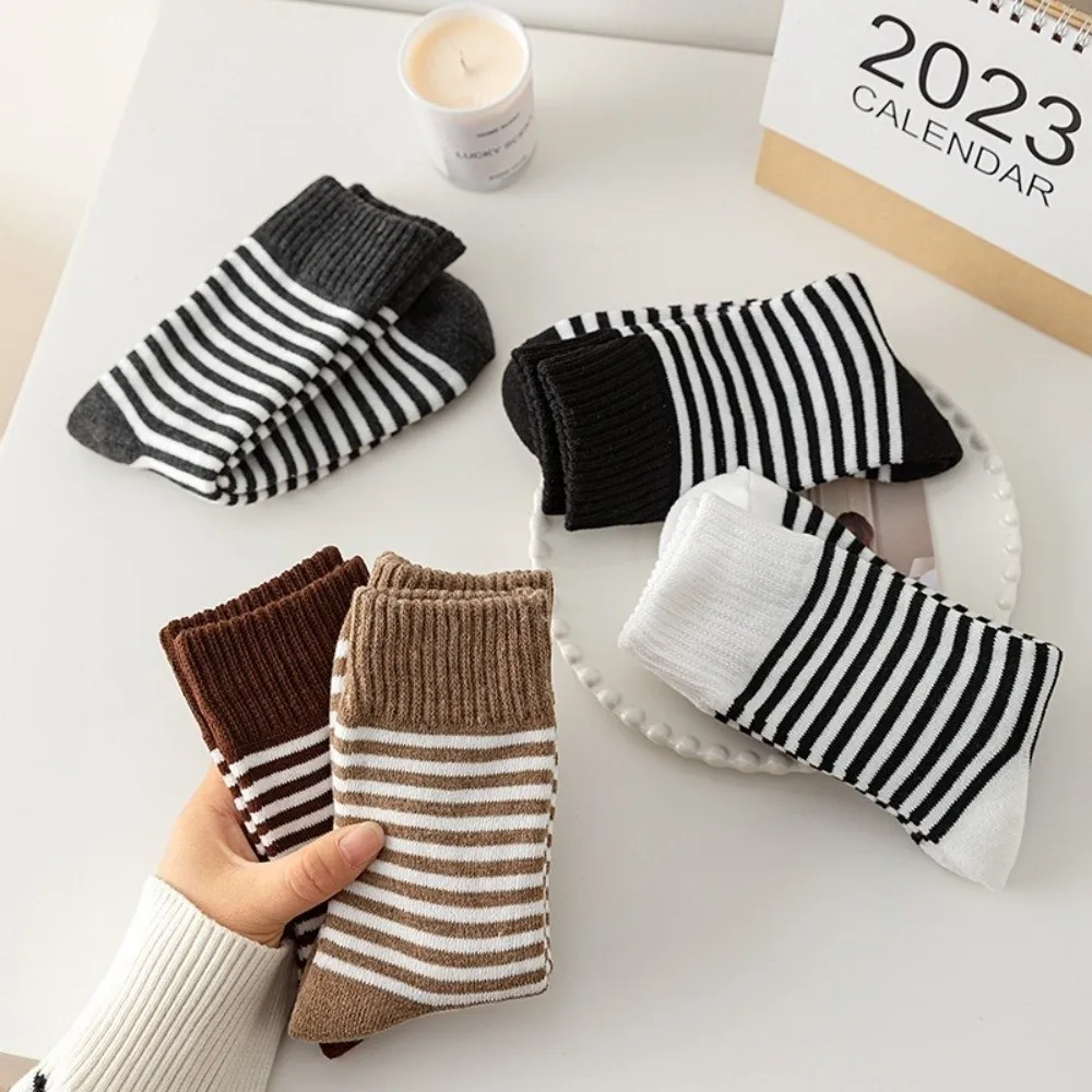 Thermal Fleece Lined Thick Crew Socks Soft Cozy Texture Striped Pattern Fuzzy Striped Socks Maternity Design Cold Weather Ready