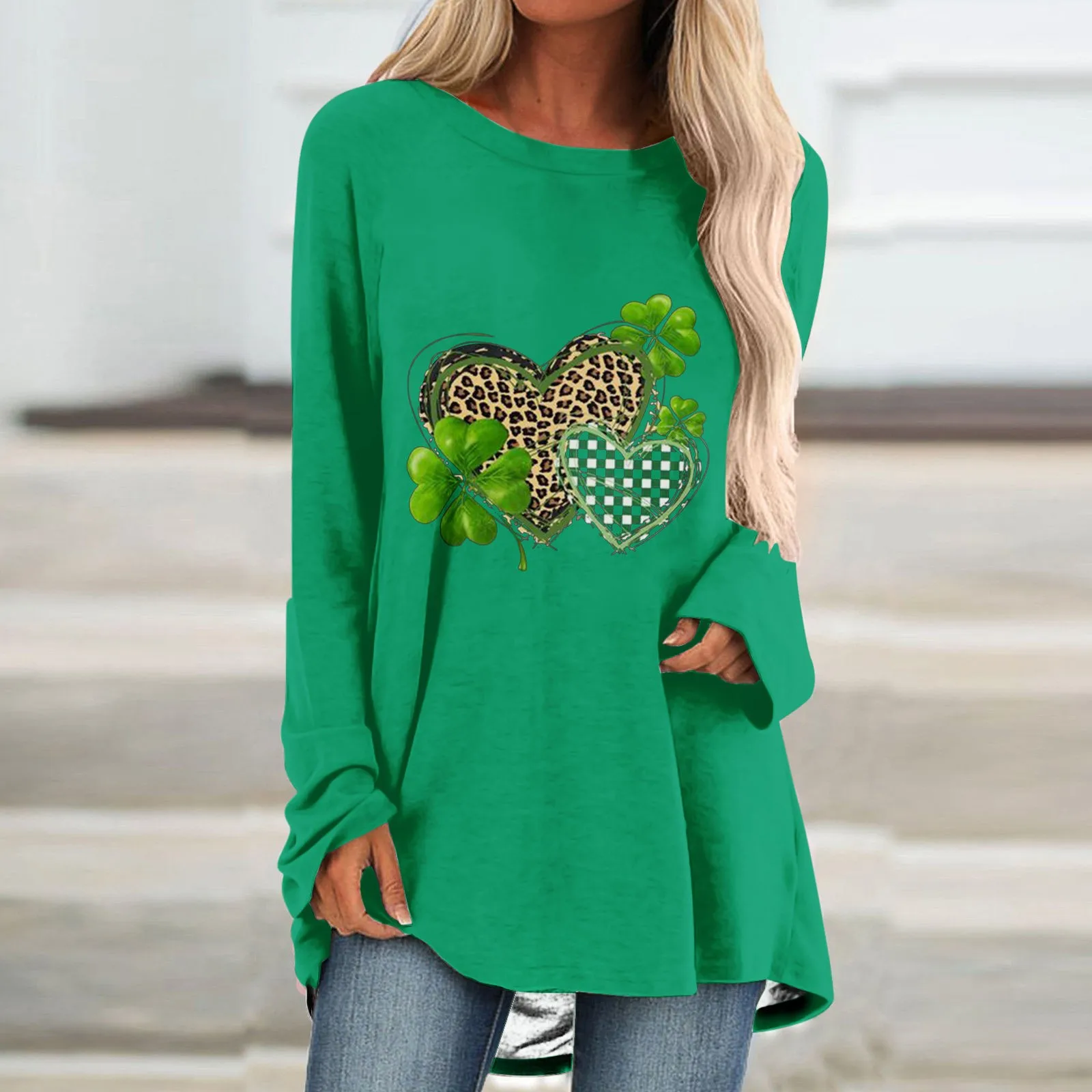 Women's Plus Size Loose Leaf Pattern Green Round Neck Short Sleeved Long T-shirt Casual Women's Religious Long Top Autumn Style