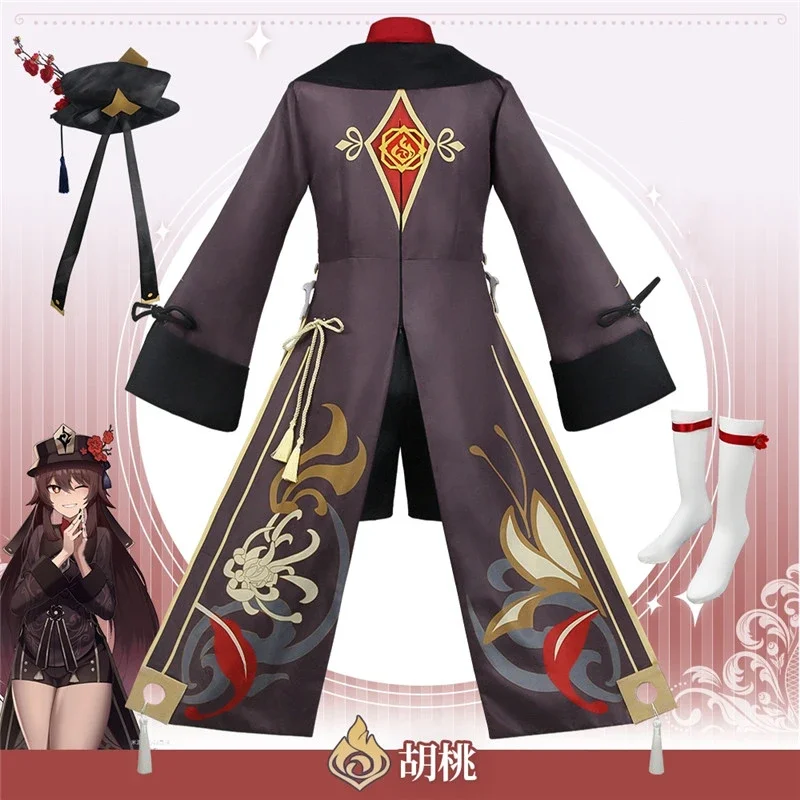 Costume de Cosplay Hutao Genshin Impact avec Perruque, Jeu d'Anime Hu Tao, Style Chinois, Halloween, Carnaval, Bagues, Chapeau