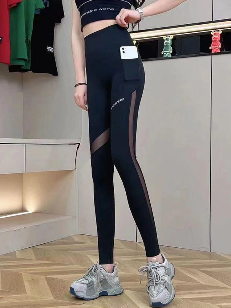Women's High-Waist Mesh Yoga Pants Summer New Style Shark Skin Design Hollow out Breathable Tummy Control Bottoming Trousers