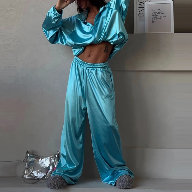 

Elegant Sport Solid Loose Suit Fashion Lapel Zip Jackets & Drawstring Pants Sets Women's Casual Long Sleeve Satin Shiny Outfits