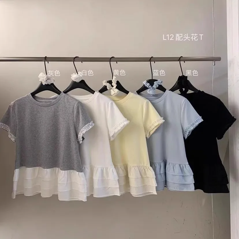 

Лето 2025 г., женская футболка с короткими рукавами и оборками, корейская мода, шикарные повседневные свободные футболки с круглым вырезом, топ Y2k, серый, белый цвет