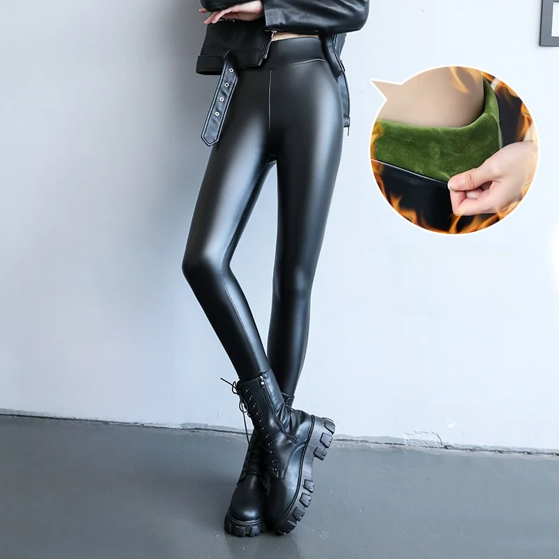 Calças Femininas de Couro PU Forradas, Ajustadas ao Corpo, Comprimento até o Tornozelo, Cintura Alta, Efeito Emagrecedor, para Outono Inverno