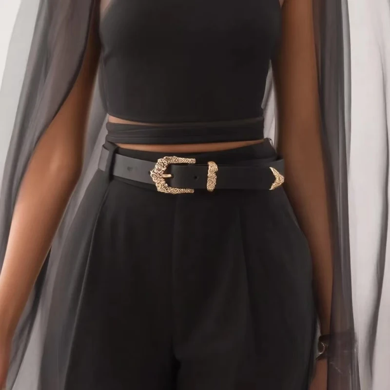 New three-piece set of women's elegant black waistband with carved buckle