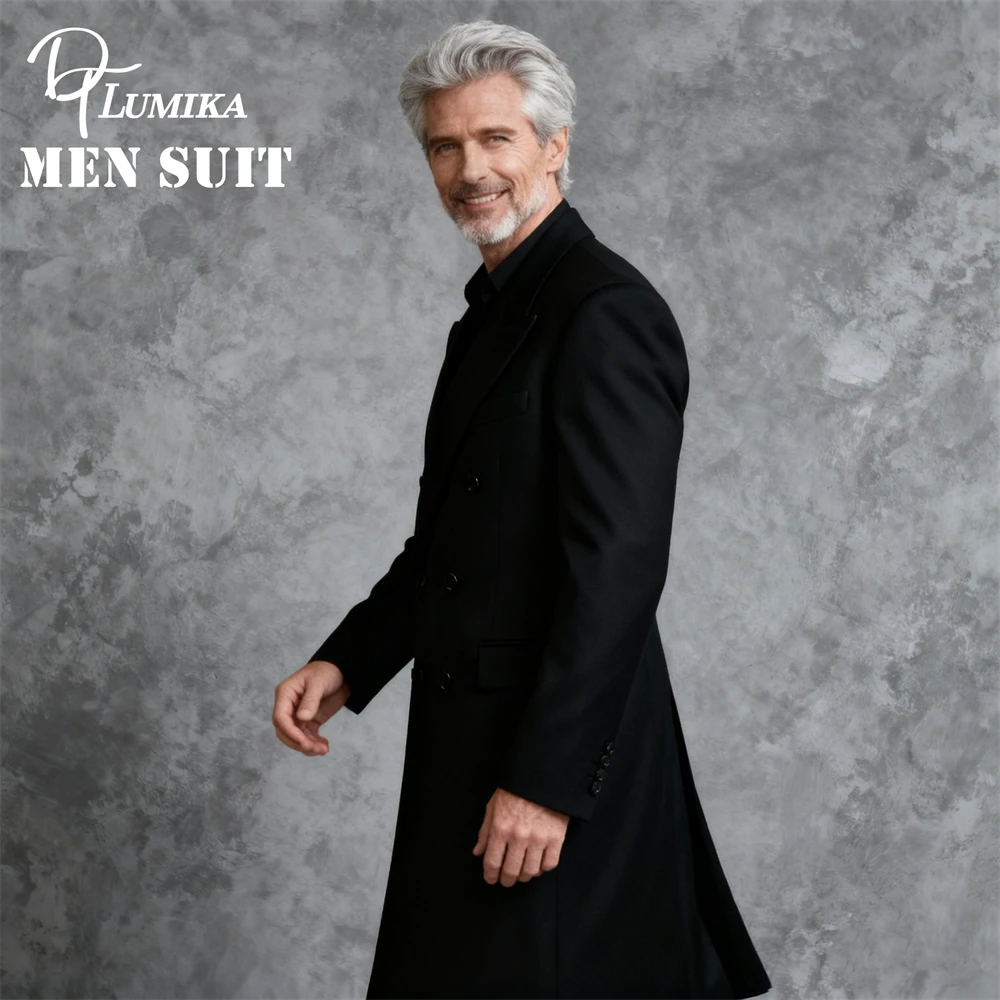DTLumika- معطف بدلة رائع بكتف عريض للرجال، سترة بدلة طويلة مزدوجة الصدر، XXS-7XL بدلة رسمية للرجال باللون الأسود #2
