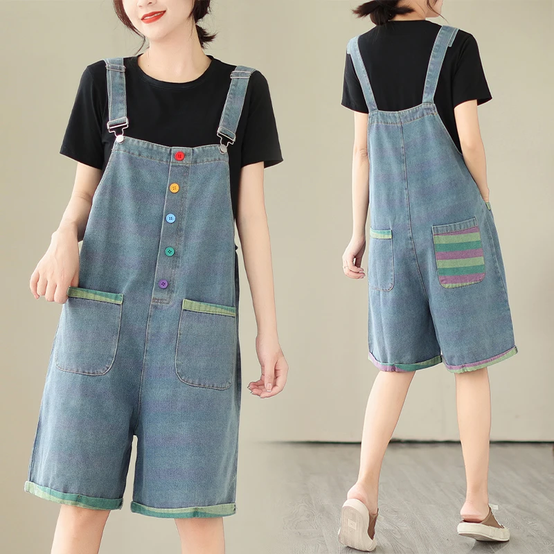 

plus Size Artistic Summer Casual Romper Overalls Versatile High Waist Loose Fit Medium Stretch Blue Cotton Polyester Blend