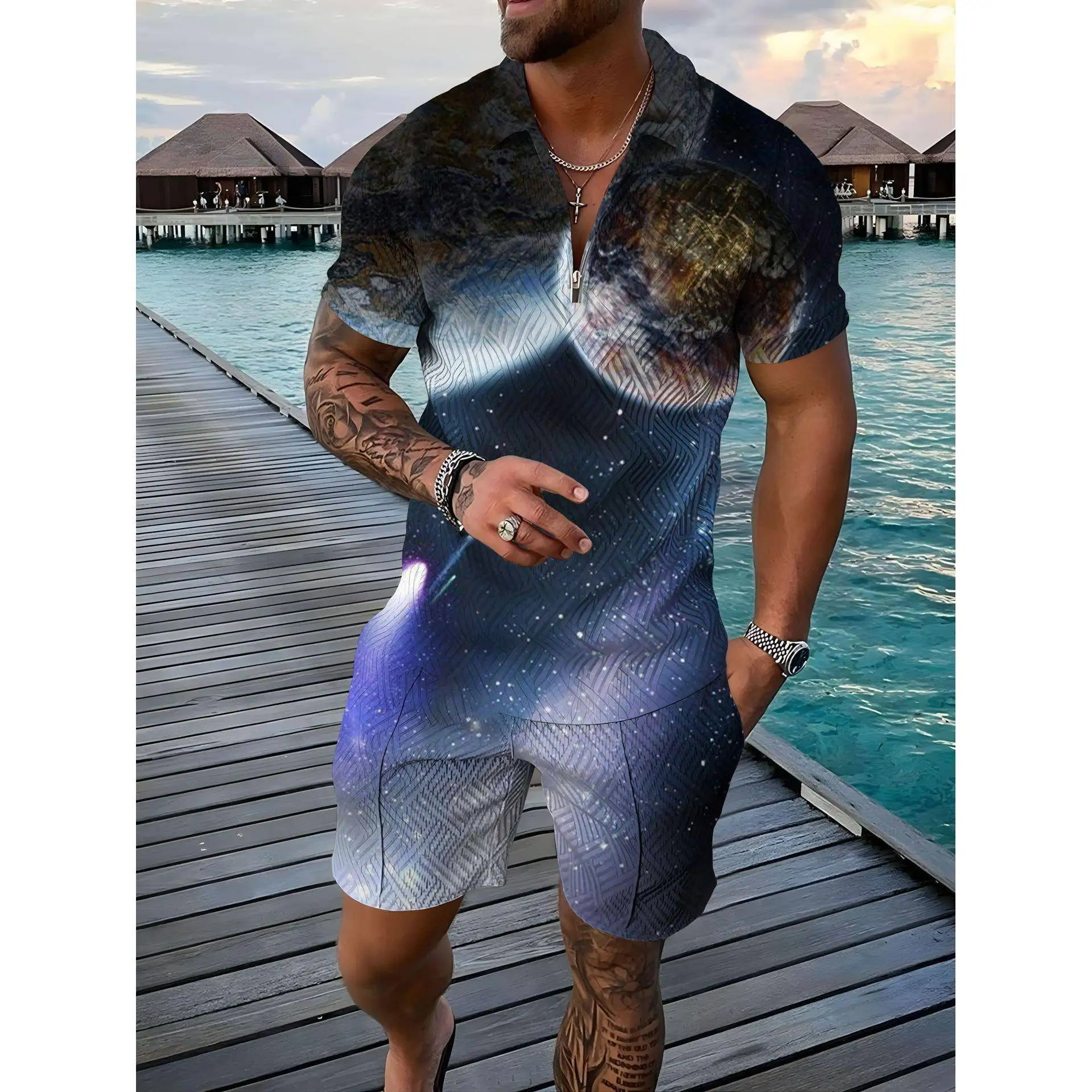 

Casual Men's Shirt Short Sleeve Set Independent Station Night Map Zipper Collar Comfortable Autumn Sportswear Set