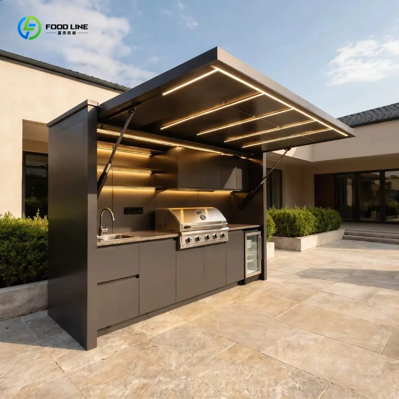 Customized garden camping outdoor kitchen deluxe stainless steel grill set with cabinet, pizza oven and shelter