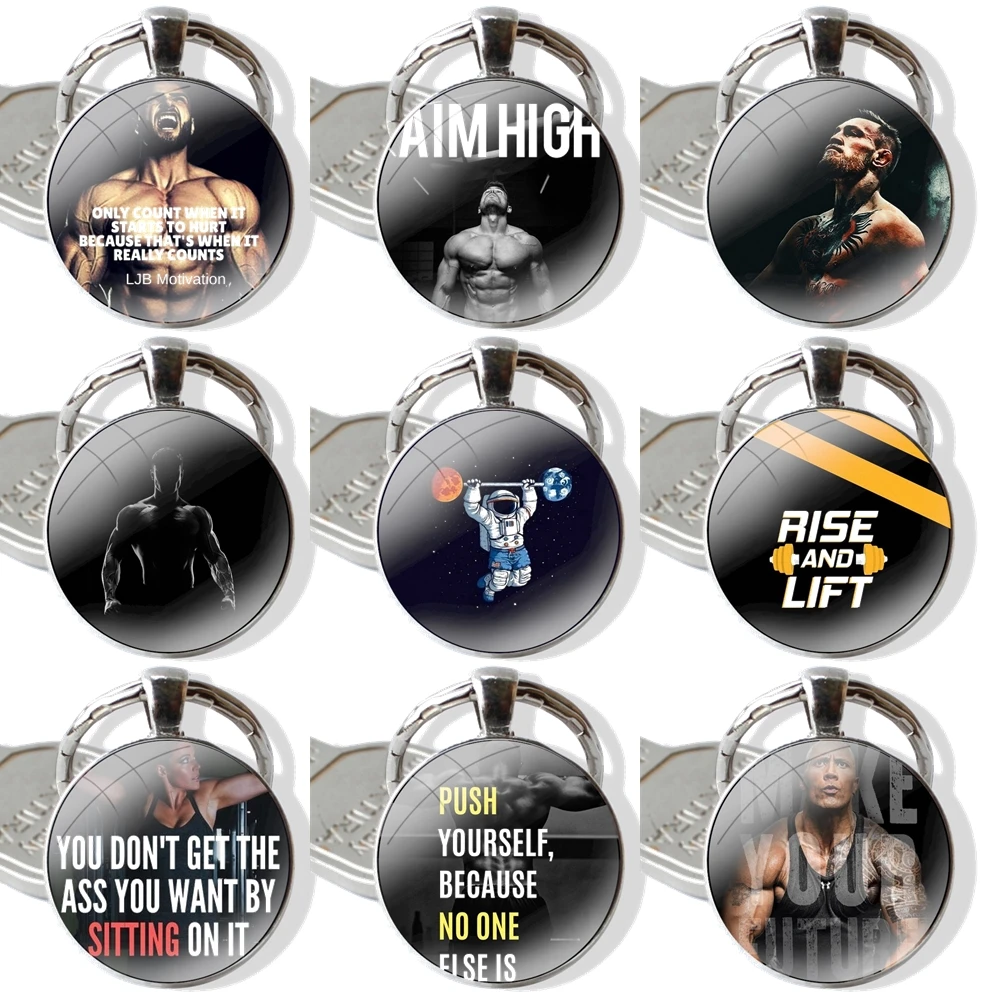 Bodybuilding Gym Fitness Motivation Keychain Handmade Glass Cabochon Key Ring Holder Pendant Key Chains