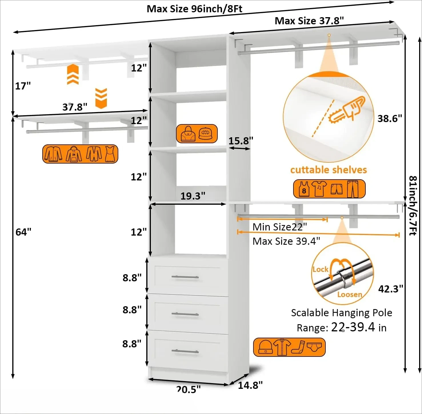 Closet System with Drawers, 5FT-8FT Closet Organizer System with Shelves Expandable Hanging Rods, 96