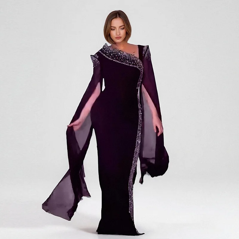 Langes Kleid Frauen Party Mantel Kleider Diamanten Diagonal Kragen Schlank Enge Taille Maxi Kleid Bodenlangen Weibliche Vestidos 2025