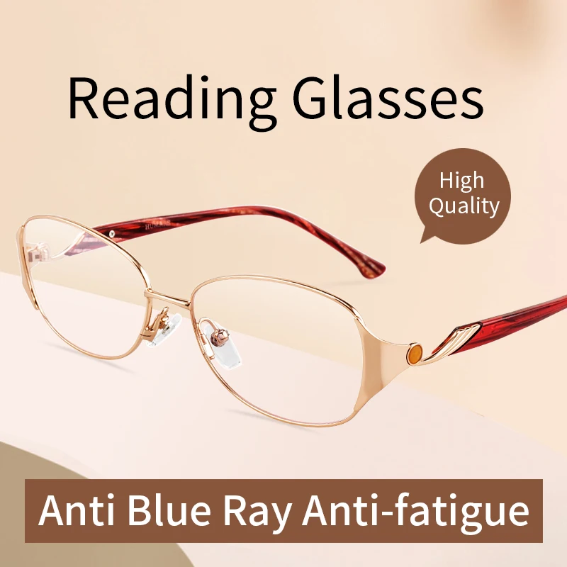 

Anti Blue Ray Anti-fatigue Reading glasses for Women, Stylish Oval Metal Frame, Anti UV Ray/Eye Strain/Glare +0.5 to +4.0