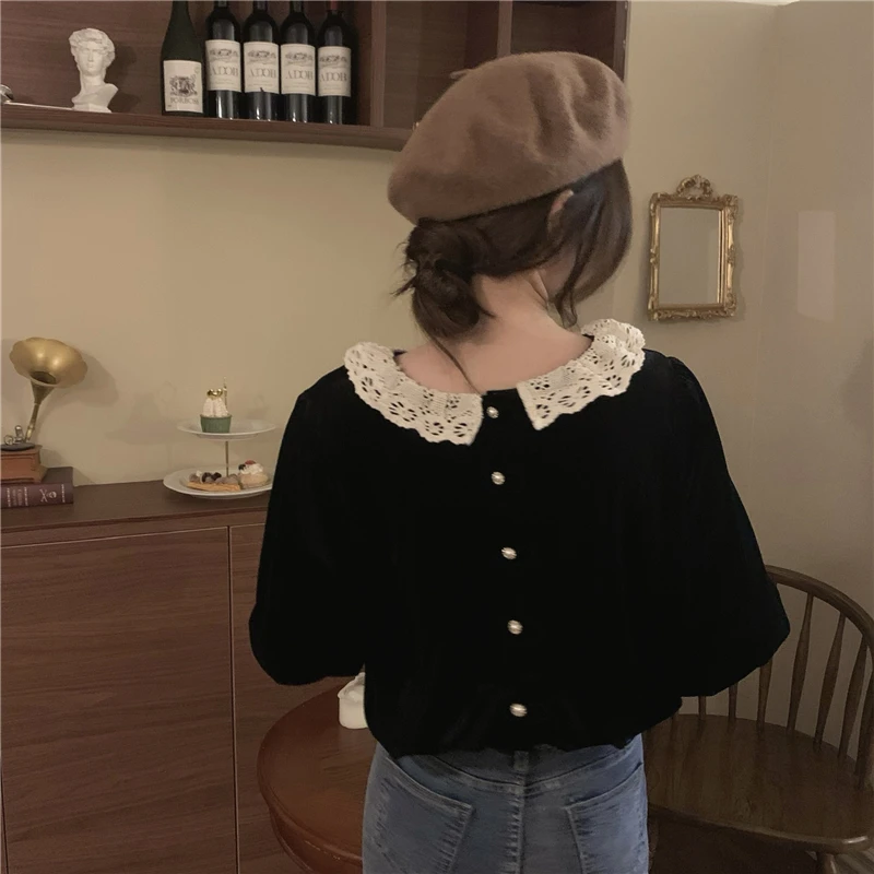 MEXZT Vintage Velvet Shirts Women Elegant Lace Patchwork Blouses Office Lady Korean Sweet Ruffles Long Sleeve Casual Tops New