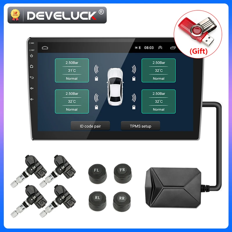 Develuck USB Android Wireless TPMS Tire Pressure Monitoring System For Car Radio Navigation 4 Tire external Inner Sensors Alarm