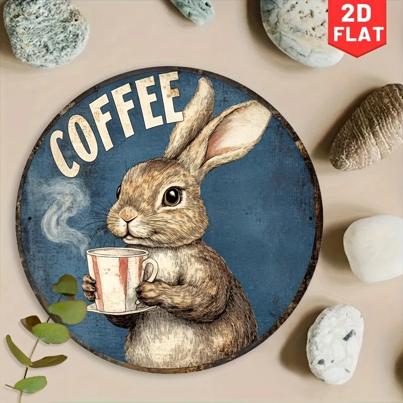 [2D Flat] 1 Stück rundes Metallschild „Vintage Coffee Rabbit“ – rustikale Aluminium-Wandkunst mit bezauberndem Hase und Tassen-Design, perfekt für Ho