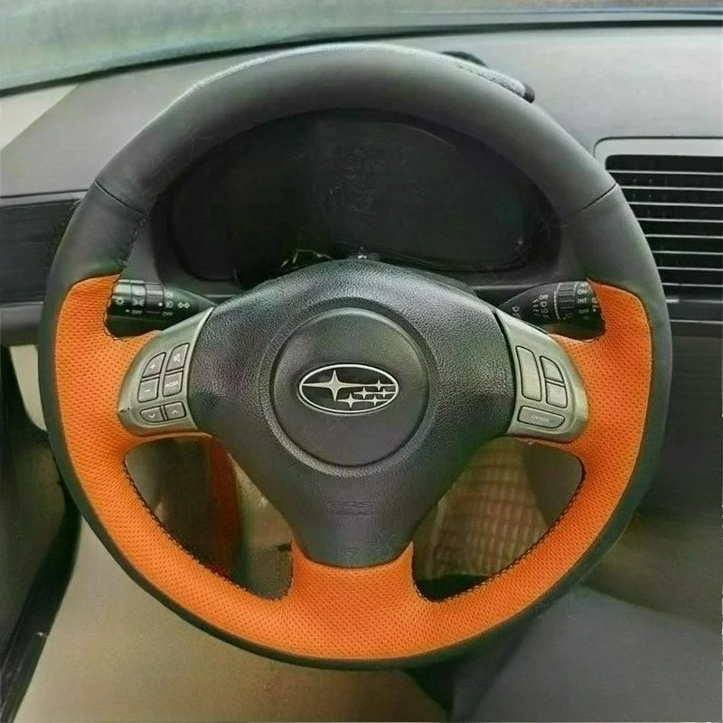 Hand-stitched renovation wear-resistant black Orange leather car steering wheel cover For Subaru Forester generations 2008-2012