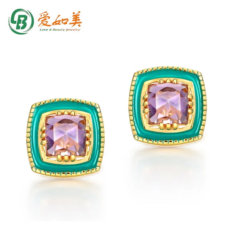 

Purple Water Drop Green Oil Enamel Princess Square Earrings 18K Gold PT950 Platinum Silver Plated 7-Layer Gold Treasure