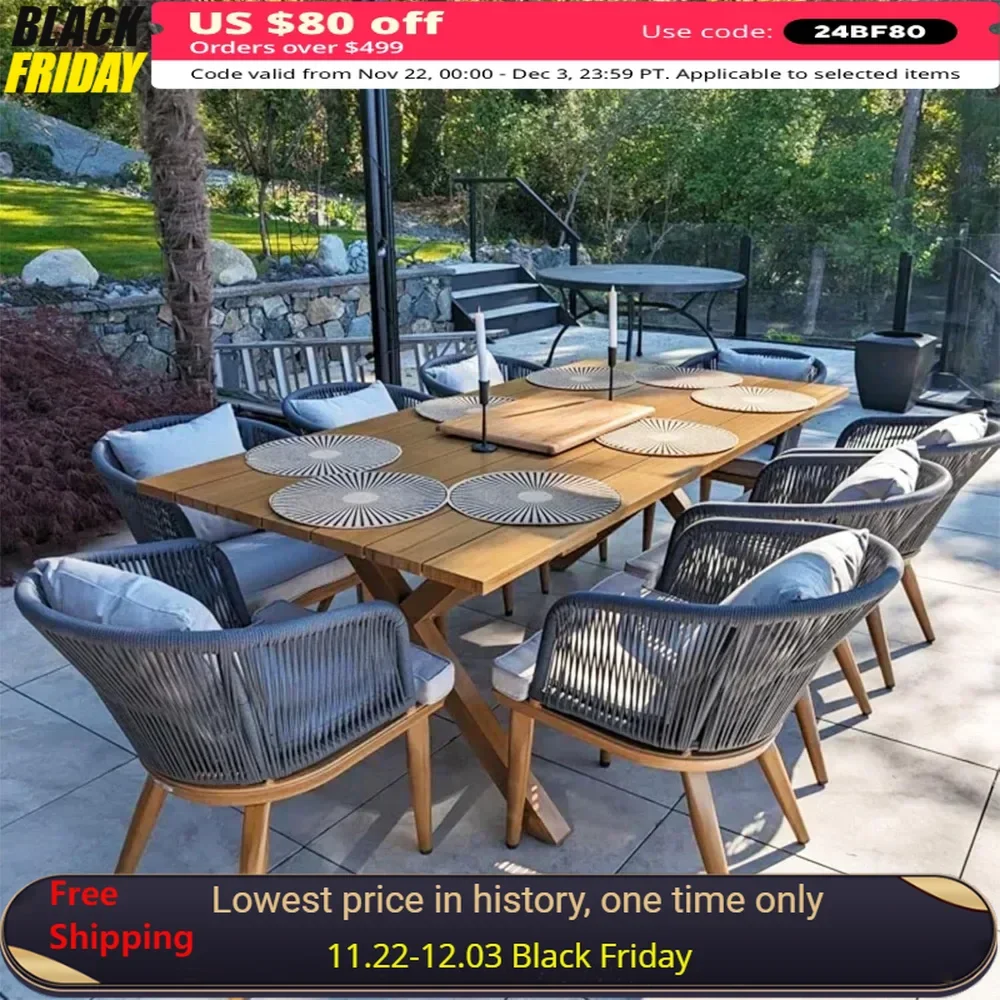 9 Pieces Patio Dining Set , for Garden Deck Teak-Finish Aluminum Frame Backyard Kitchen Set, Wicker Outdoor Furniture Table