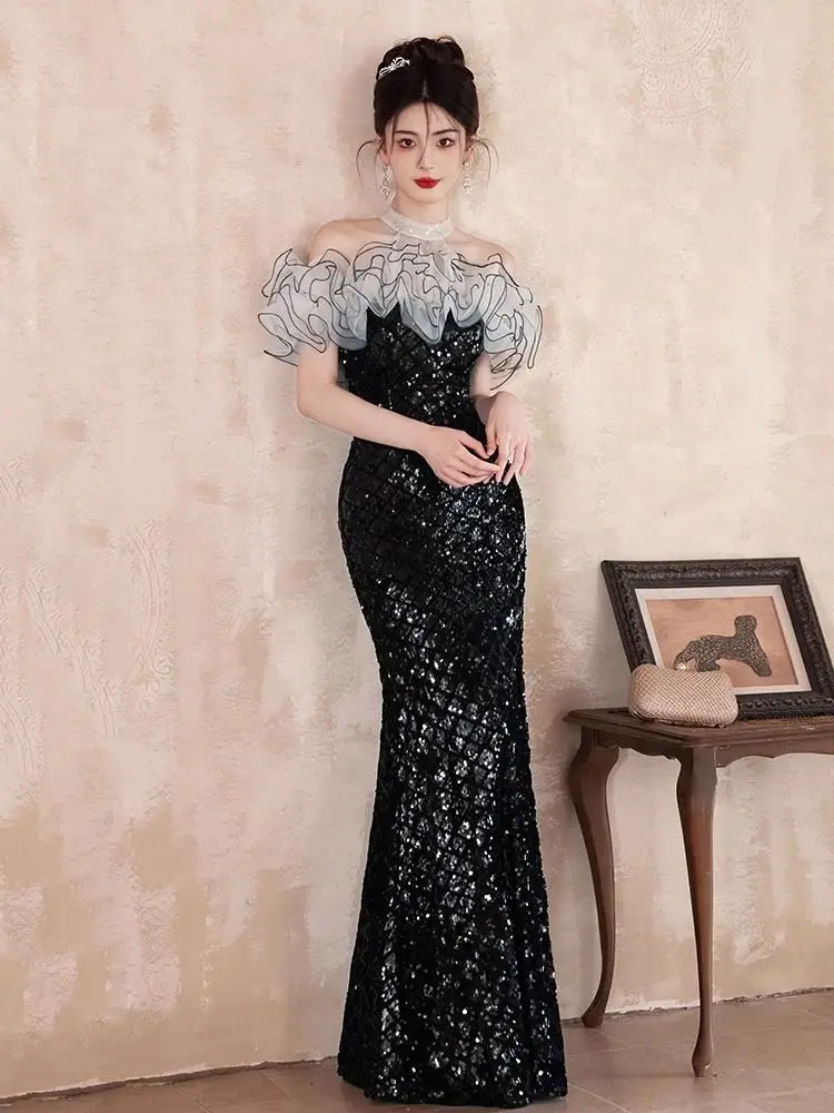 Abito da sera Ele Bla con gonna a coda fi con paillettes a vita media ort Sve Long Dr Faionable Zipper Sle Performance...