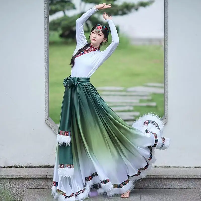 Classic Tibetan Dance Costume Ethnic Minority Flying Goddess Skirt Halloween Christmas Carnival Stage Performance Large Hem Suit