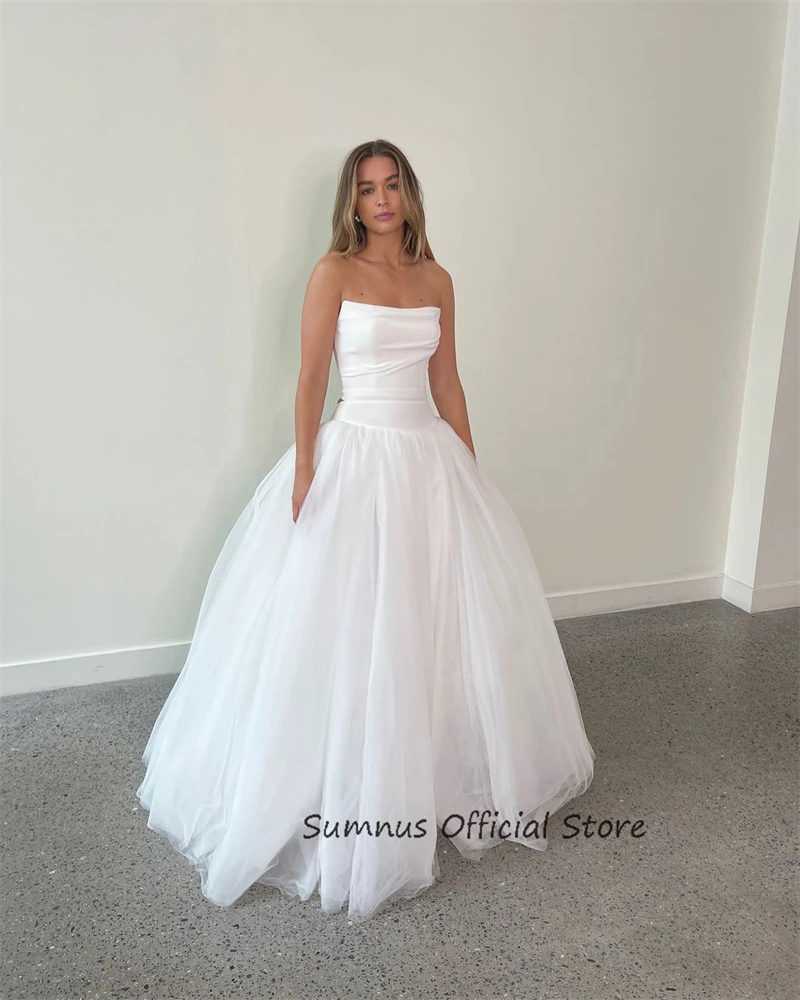 SUMNUS Elegant Tulle A Line Wedding Dresses For Woman 2024 Strapless Sleeveless Bridal Bride Robe Dress Gowns Vestidos De Novia