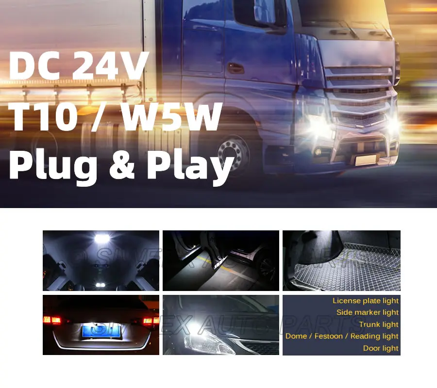 10 Pcs T10 24V Wedge 5-SMD 5050 LED White Lights for Truck Interior Clearance Dashboard Step Dome Map Cargo Area Light Bulb Lamp