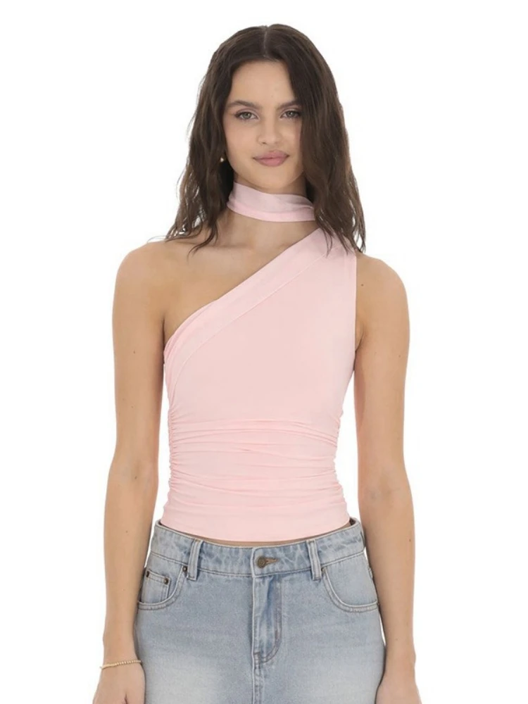 

Neck-mounted Crop Top Asymmetrical Tank Top Women Edgy Clothes Y2k Accessories Sleeveless Ropa Mujer Solid Color Camison Verano