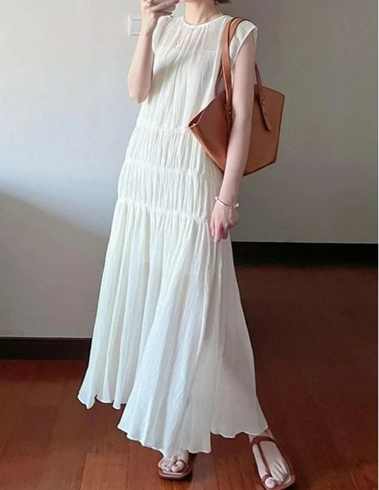 

Wrinkle Design Super Fairy Dress Summer New Gentle Style Small Fly Sleeves Loose Slimming Round Neck Long Skirt