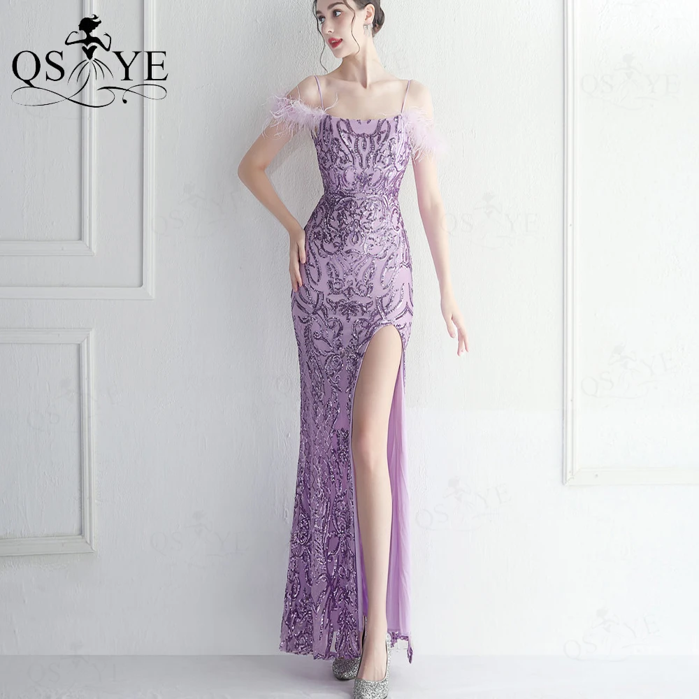 

Light Purple Evening Dresses Pattern Sequin Long Prom Gown Party Ostrich Hair Shoulder Straps Lavender Low Back Formal Dress New