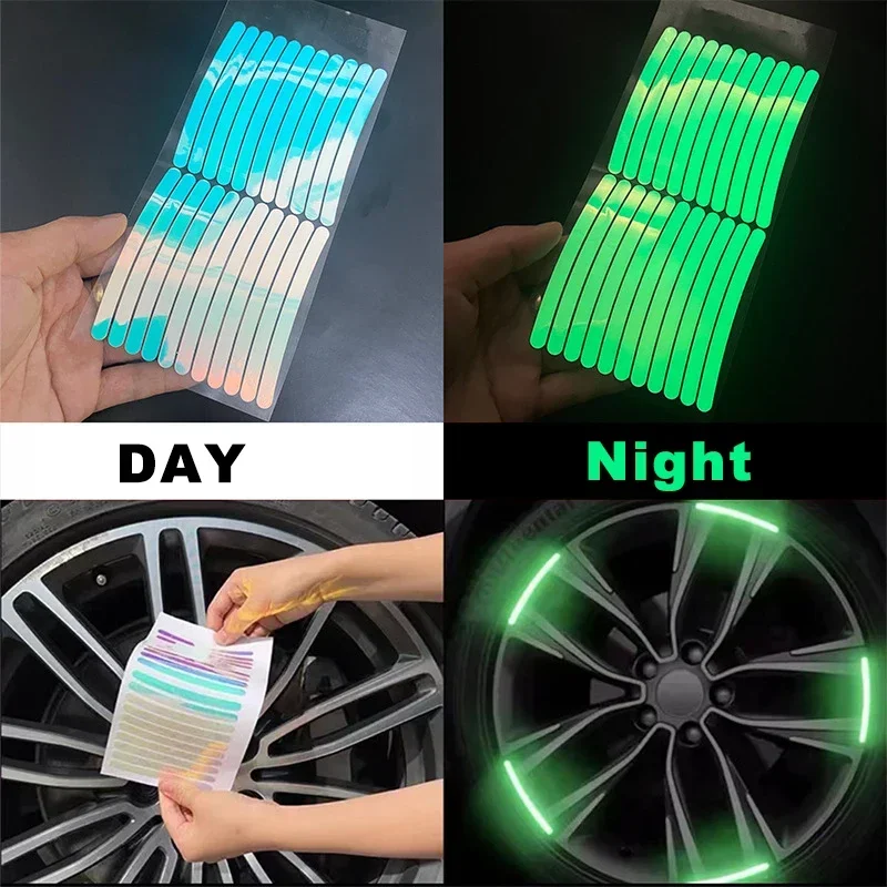 20/40Pcs Car Wheel Hub Reflective Sticker Set Car Motorcycle Wheel Hub Reflective Strip Stickers Decal Auto Exterior Accessories