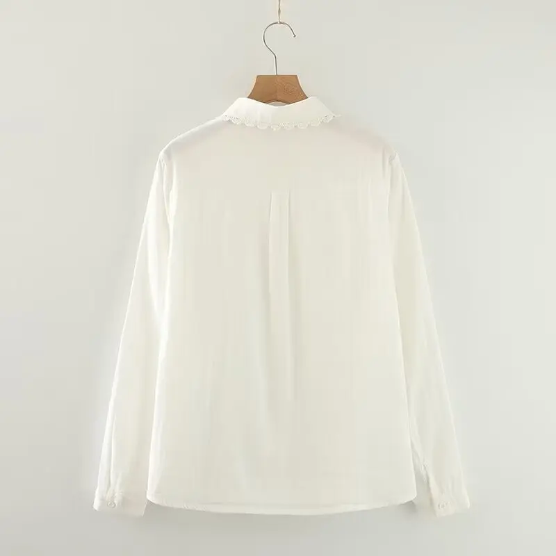 Spring New Women Double-layer Cotton White Shirts Full Sleeve Peter Pan Collar Loose Casual Soft Lace Blouse Office Lady T33003X