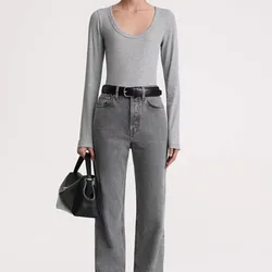 Gray Long Sleeve Classic Ribbed  Slim Top