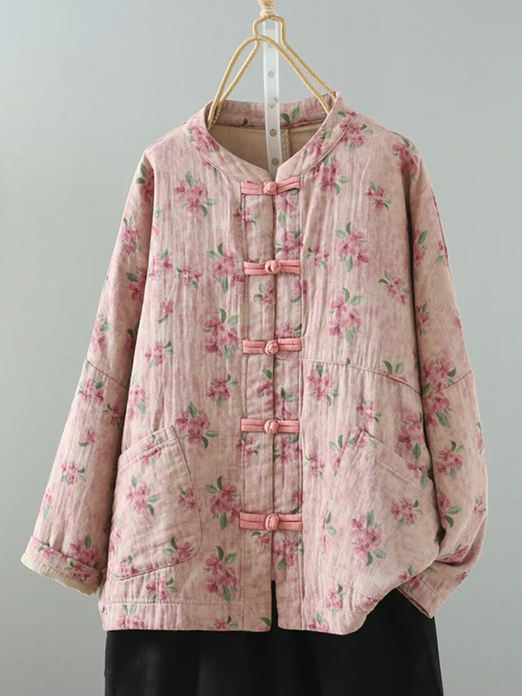 

Retro Floral Cotton Linen Jaet Women's Autumn Button up Collar Long Sve Mom Top Loose Fit Printed Casual Chinese Sle