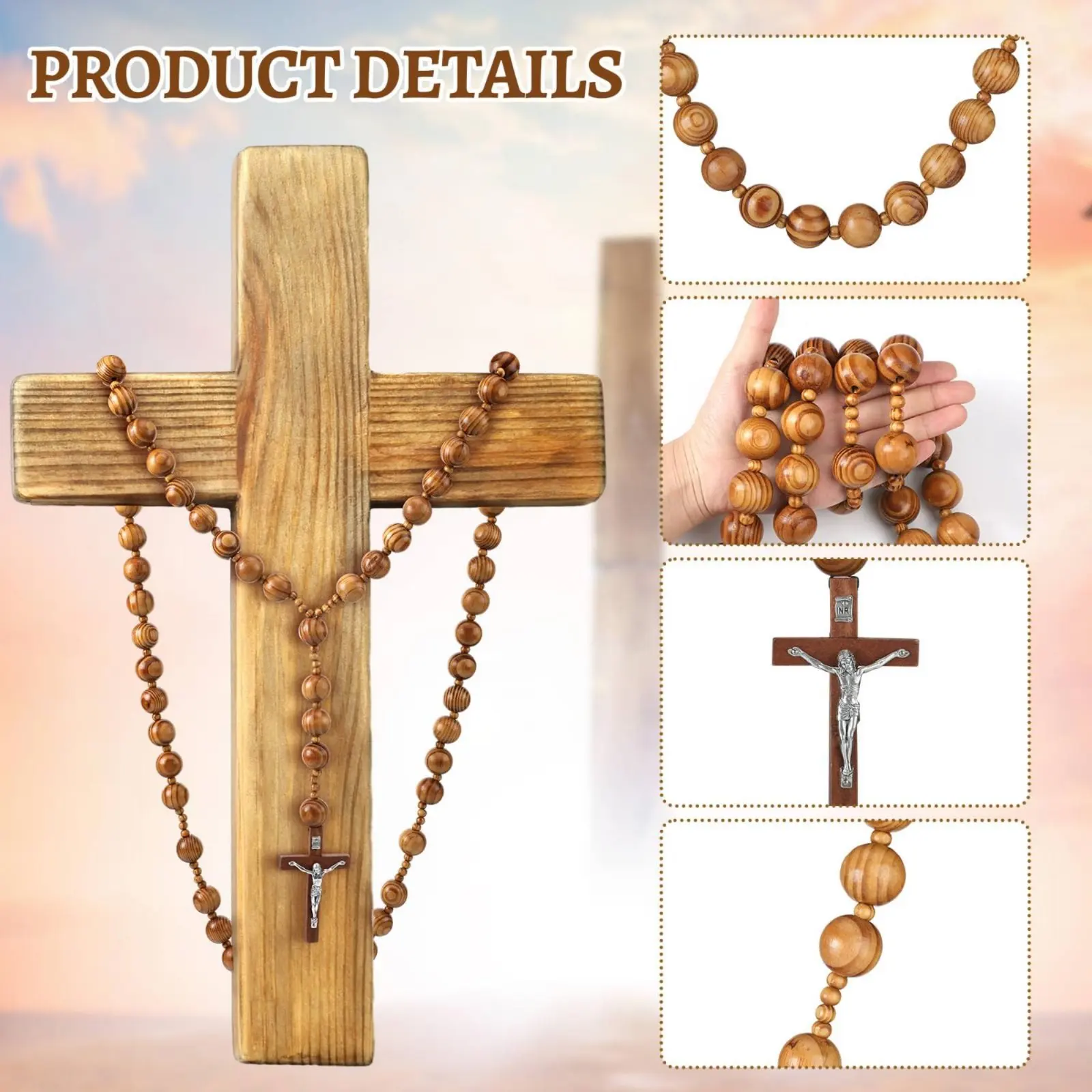 2Pcs Wood Prayer Bead Hanging Cross Religious Decoration for Car Hanging Charm Christmas Gift Home 97cm - view 5