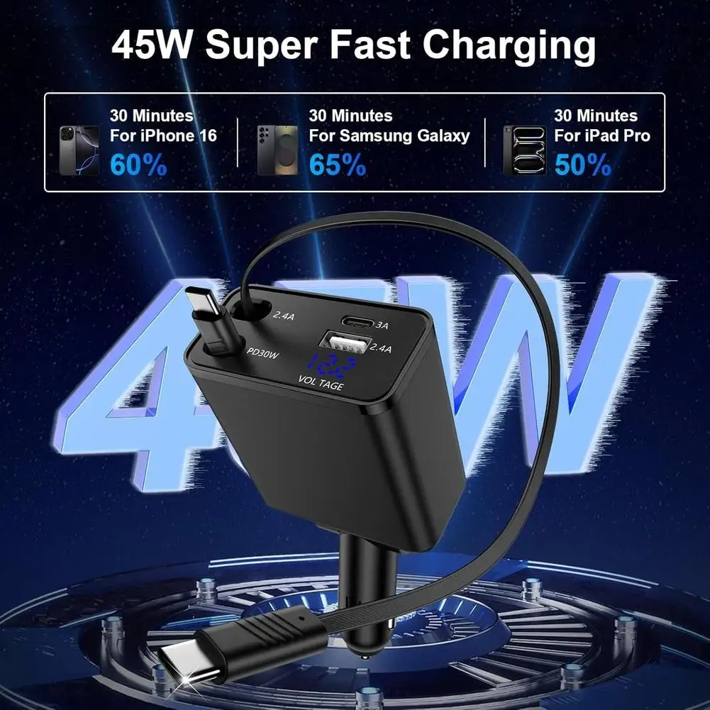 

Four-Port Charger Black Car Charger 12V Voltage Automatic Cable Retraction Multiple Device Charging Travel Charging