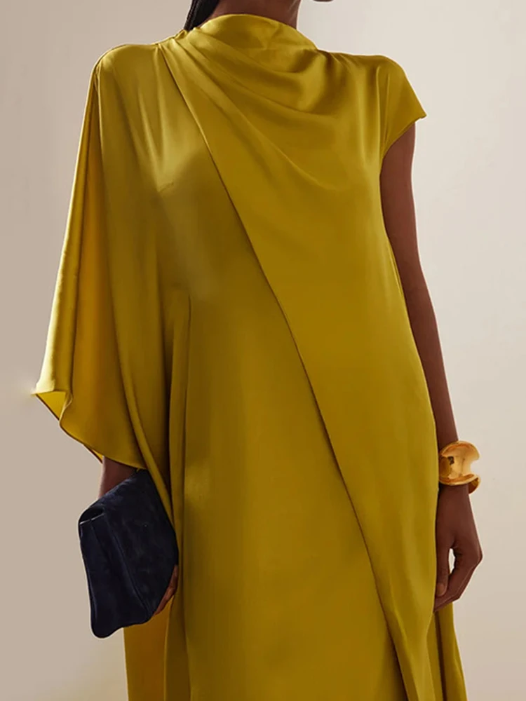 Lady Loose Irregular Commute Dress New Temperament High Waist Pleated Evening Party Dress French Style Elegant Solid Satin Robes