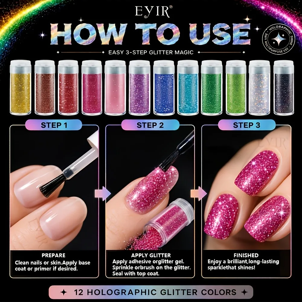 12 Colors Holographic Glitter Powder Set Fine Glitter Nail Art Resin Craft DIY Decoration Sparkle Pigment for Festival Makeup