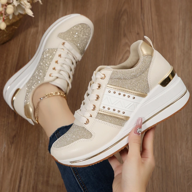 أحذية رياضية نسائية ذات نعل سميك، أحذية نسائية ذات تصميم ذهبي، أحذية رياضية كاجوال مريحة، أحذية كاجوال جديدة Zapatos De Mujer #1