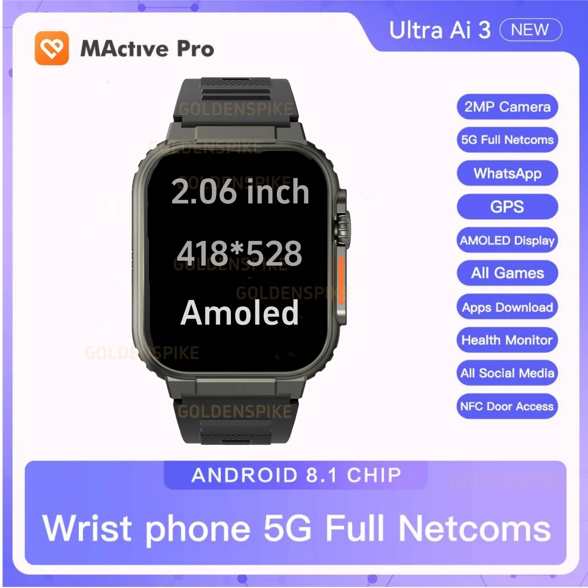 

Microwear Ultra Ai3 Smart Watch 4G Android Google Play Store 180° Rotating Camera WiFi GPS SIM card 2.06 Inch Amoled Smartwatch