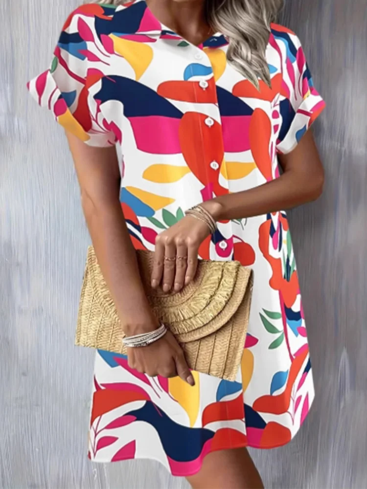 

Geometric Print Short Sleeved Lapel Button Women's Dress Dating Vacation Elegant Commuting Style Summer Dresses