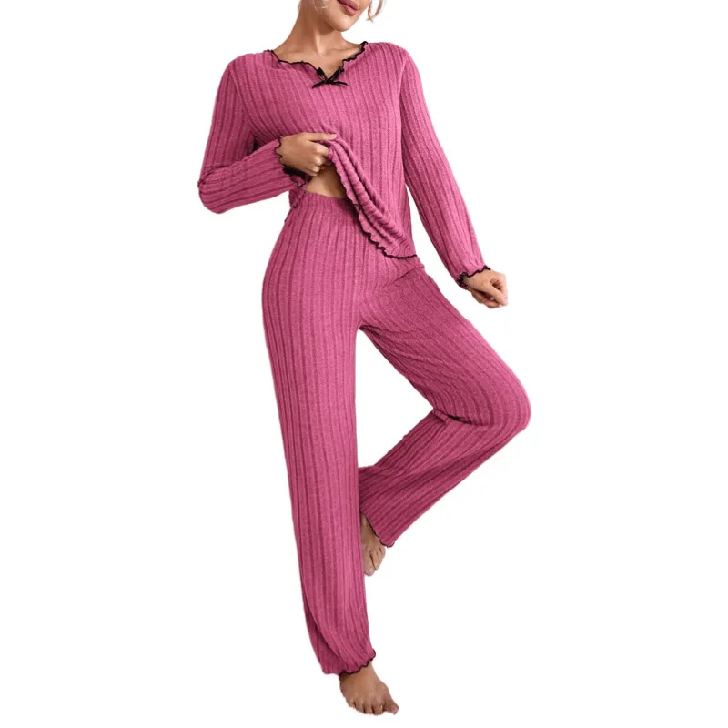 Spring and Autumn New Women\'s Pajamas Home Wear Suit Pop-Up Leisure Home Suit Pit Strip European and American Style Home Wear