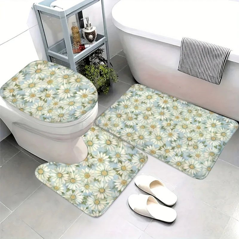 Daisy fresh print bathroom rugs set of 3, anti-slip absorbent bath mat, toilet lid cover, U-shaped contour rug, soft plush floor