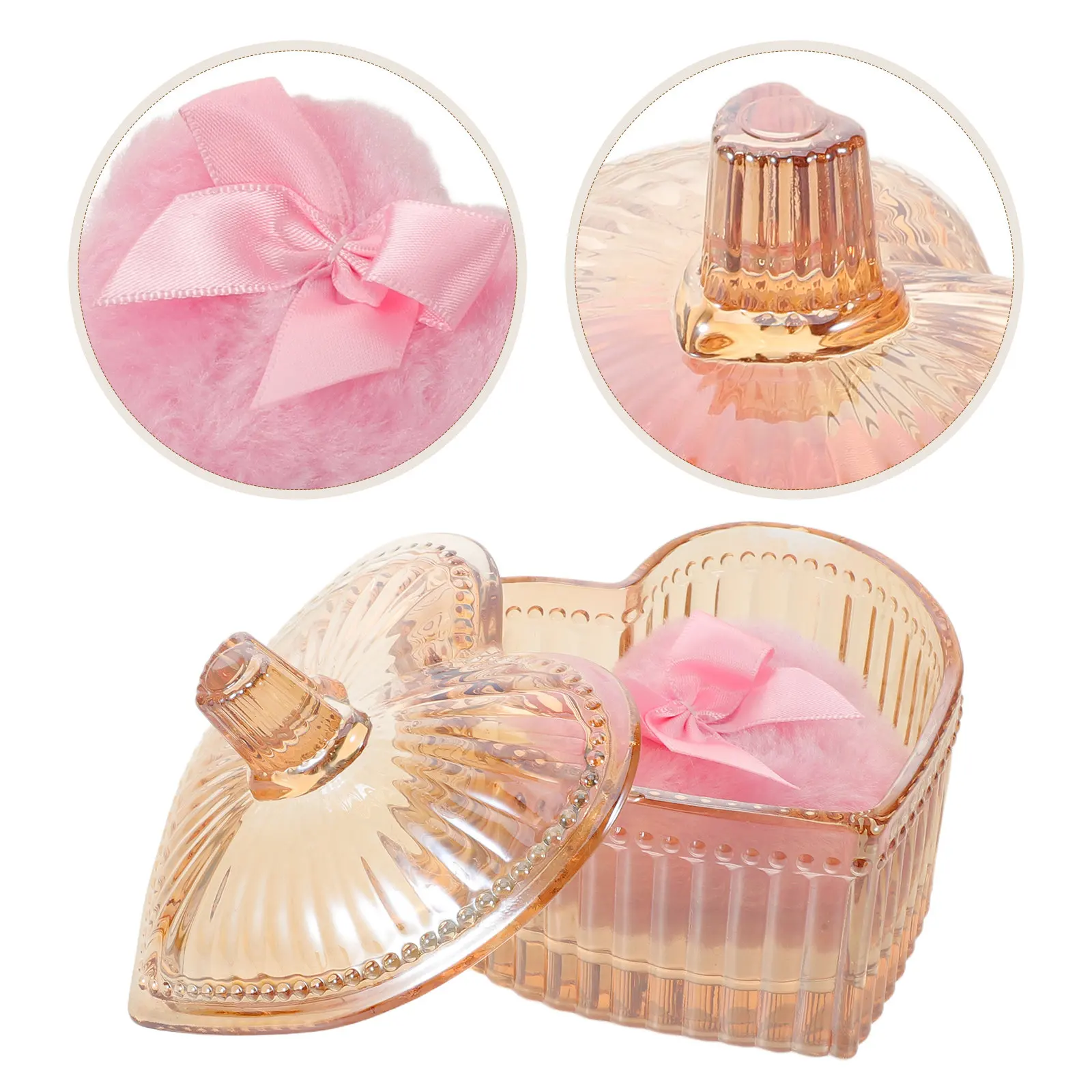 Heart Shaped Powder Puff Washable Foundation Applicator Golden Glass Container Makeup Storage Portable Compact Puff Organizer