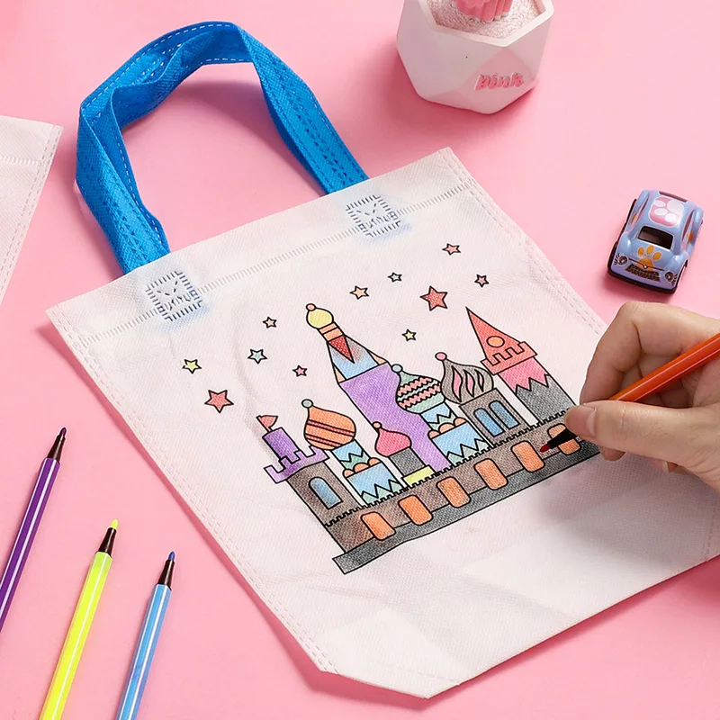 1-10pcs Sets DIY Graffiti Bag with Markers Handmade Painting Non-Woven Bag for Children Arts Crafts Color Filling Drawing Toys