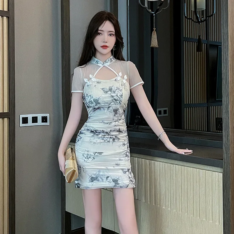 Sexy 359 cheongsam short skirt fashionable slim evening dress temperament open back slit print