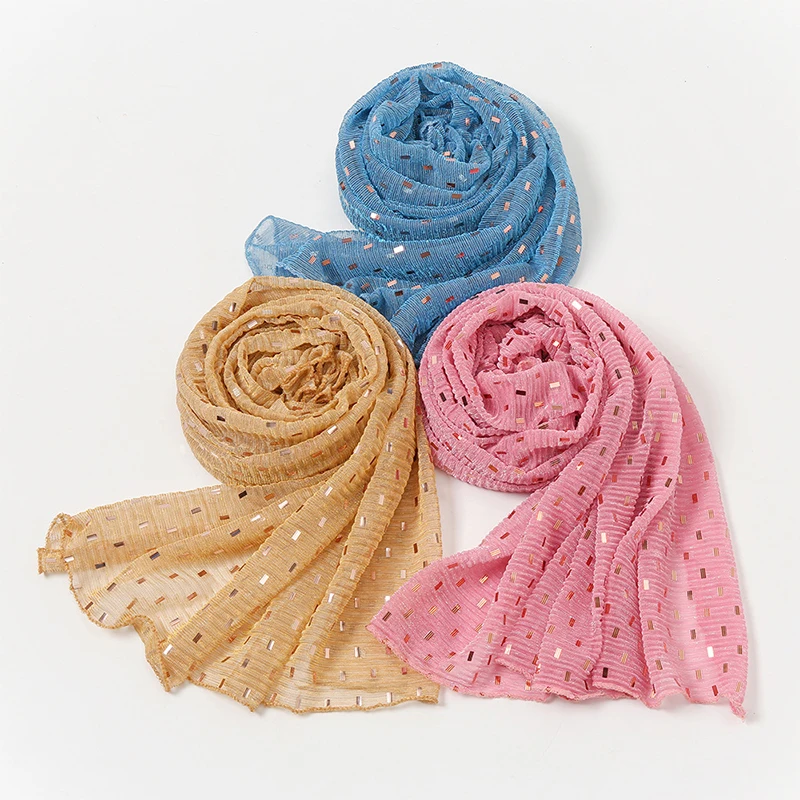 Glitter Shimmer Muslim Hijabs Fashion Solid Bubble Chiffon Scarf High Quality Shawl Scarves Silver Crinkle Woman Headscarf